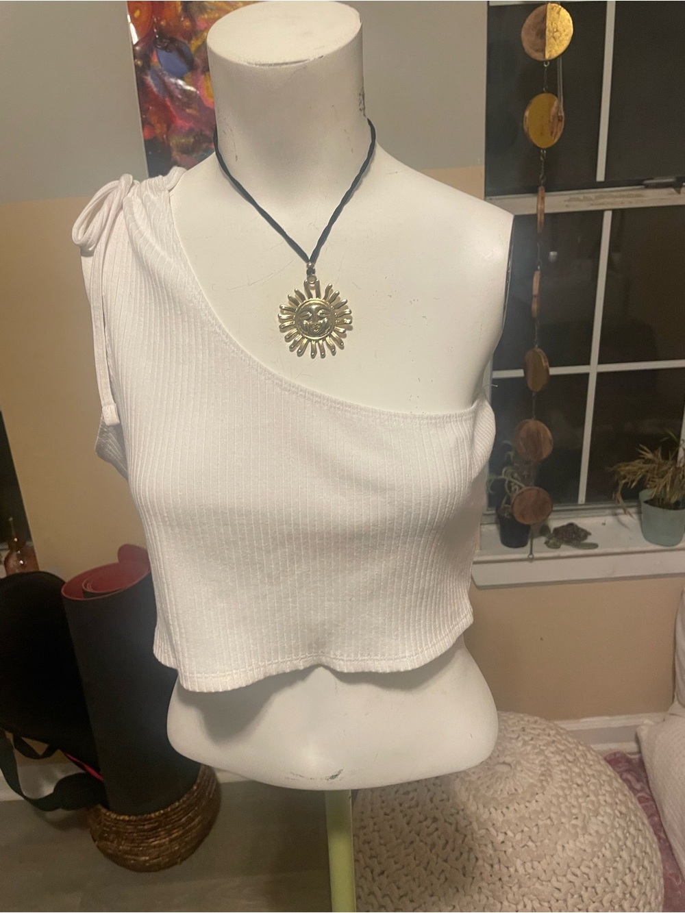 aerie White One-Shoulder Ribbed Crop Tank with Tie Strap